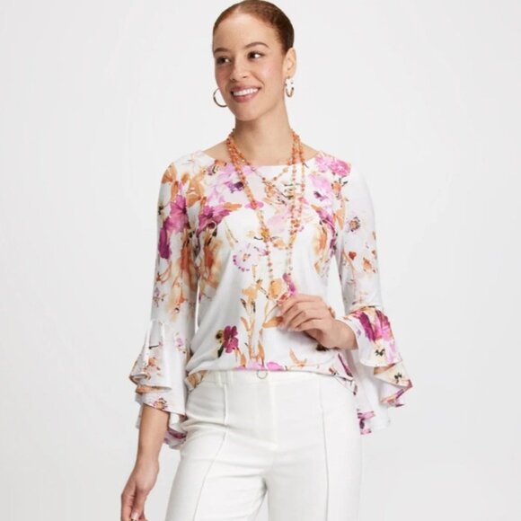 Laura Floral Long Bell Sleeve Top White - Picture 2 of 9
